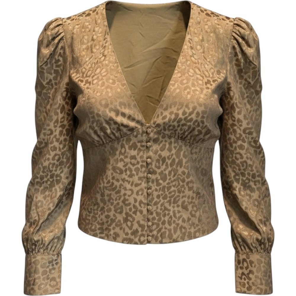 Lea & Viola Dark Olive Leopard Jacquard V-Neck Button Front Blouse L5643 Mens L